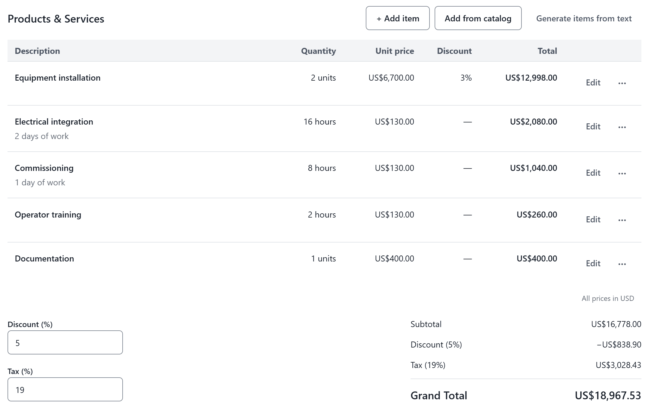 Real QuoteGen interface with sample line items and prices